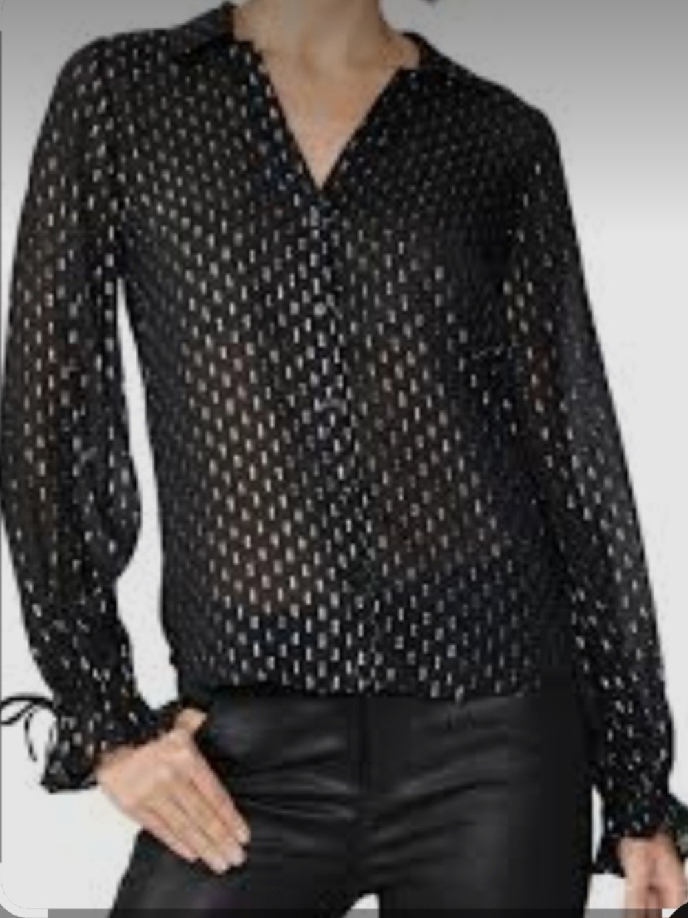 PAIGE Black Sheer Button-Down Blouse with Geometric Print